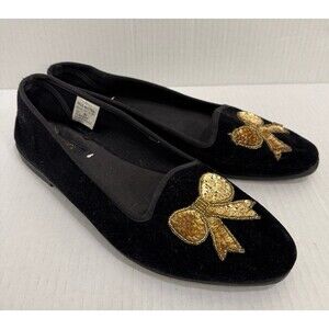 Jessica Steven’s Velvet Christmas Gold Sequin Bow Ballet Loafers Flats Size 9.5
